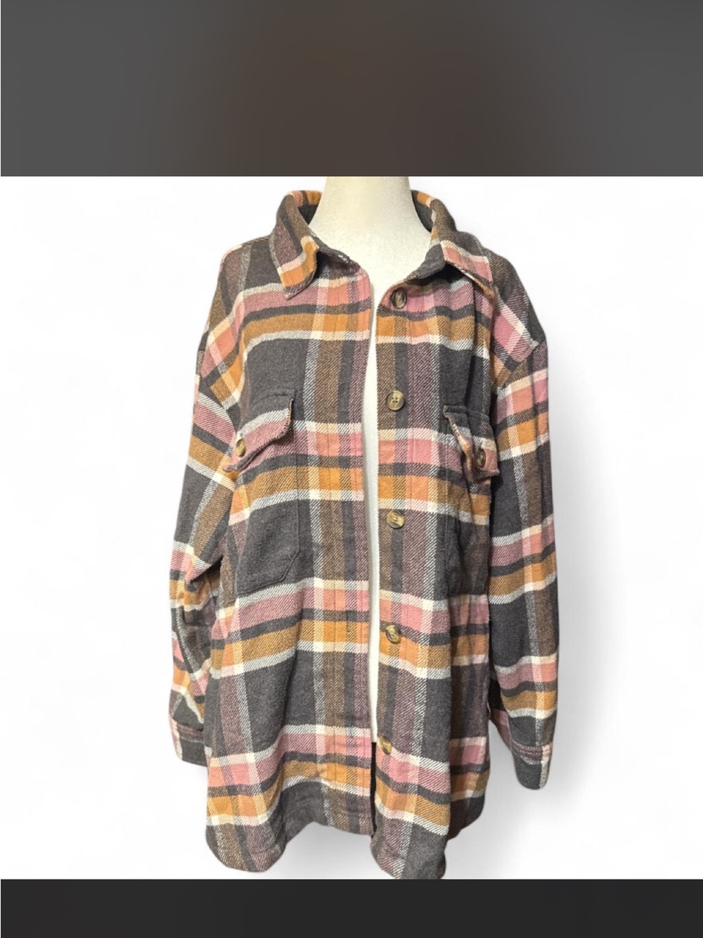 American Eagle Outfitters Plaid Shacket in Brown, Pink, Mustard & Gray